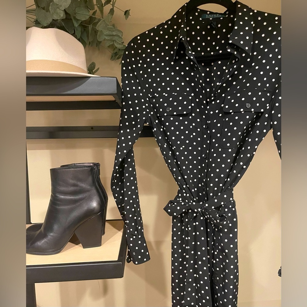 Ralph Lauren | Button Down Shirt Dress | Black & Cream Polka Dot Print